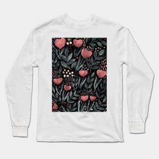 Watercolor flower garden -  dusty pink and grey on dark background Long Sleeve T-Shirt